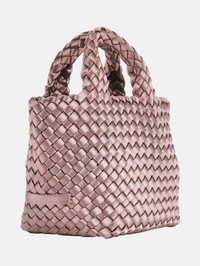 Front view of the St. Barths Petit Tote in lavender satin by Naghedi, featuring quilted woven texture
