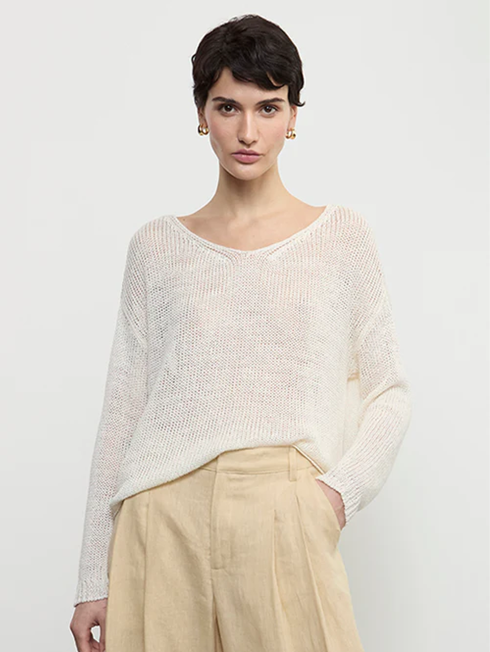 Linen Open Knit Soft V-Neck
