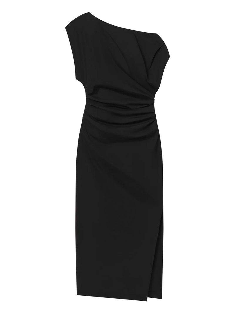Black one-shoulder dress on a white background