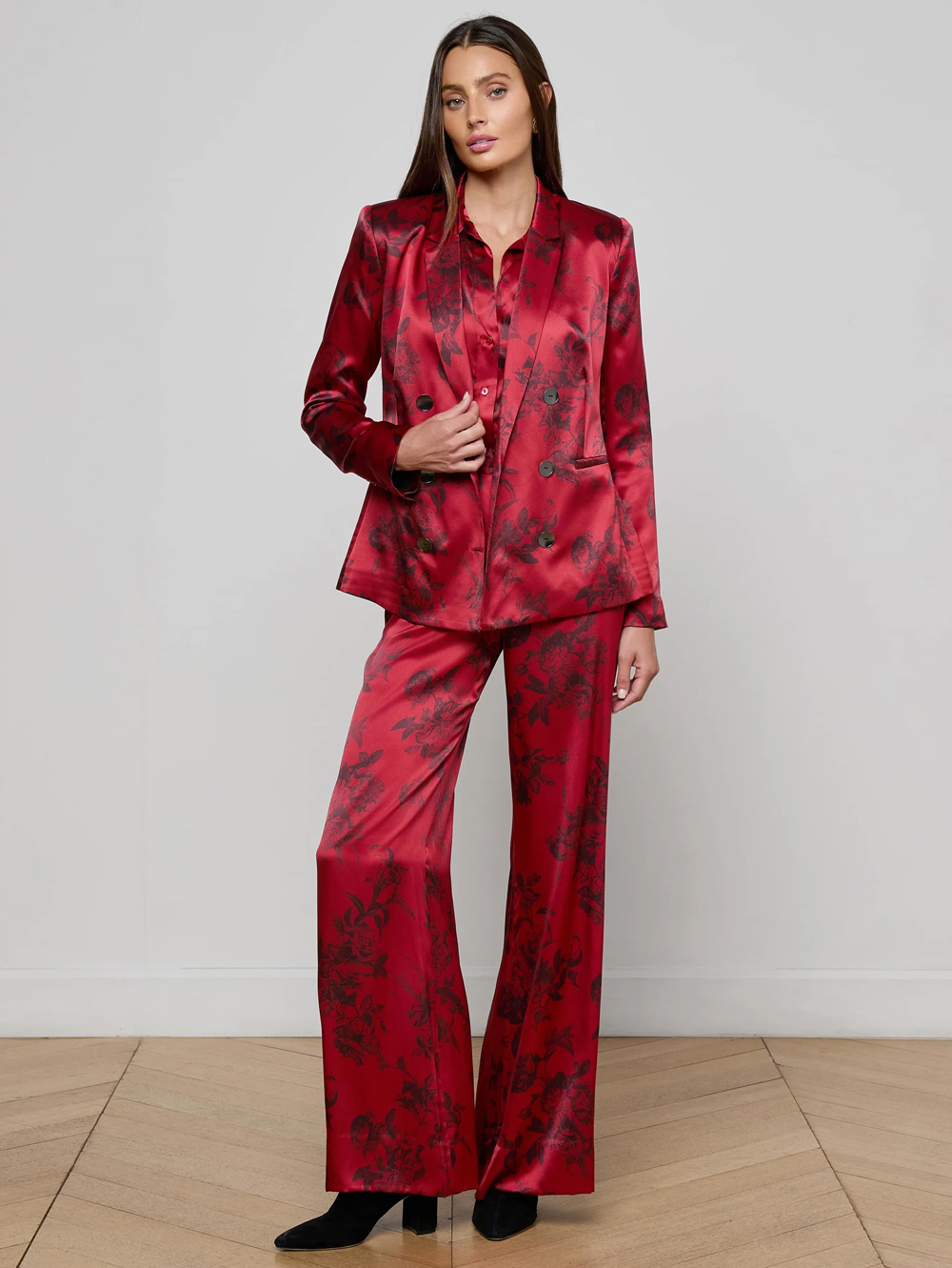 Burgundy Painterly Floral Pilar Silk Wide-Leg Pant