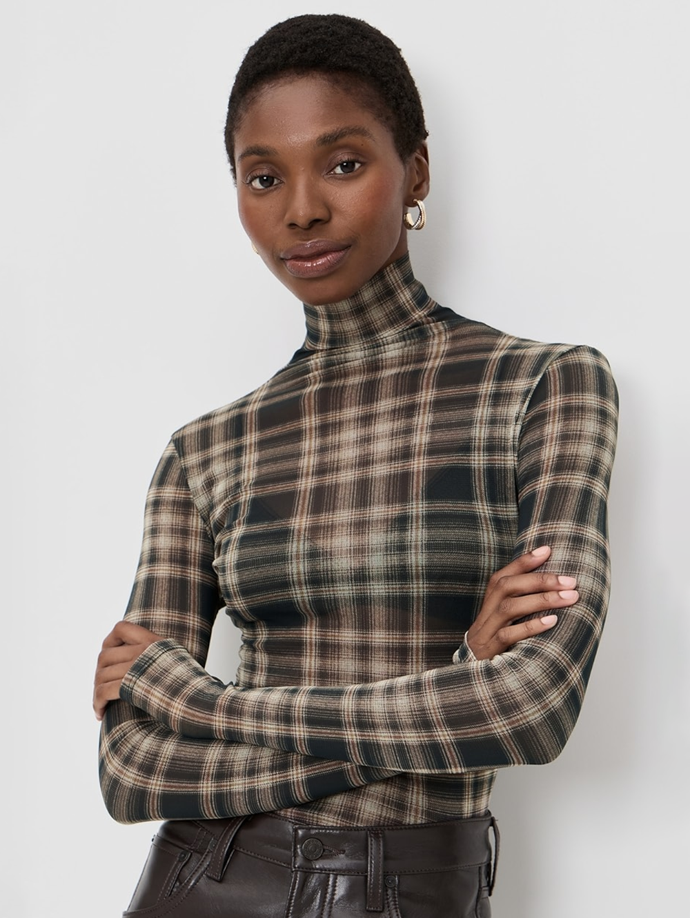Plaid Mesh Long Sleeve Turtleneck