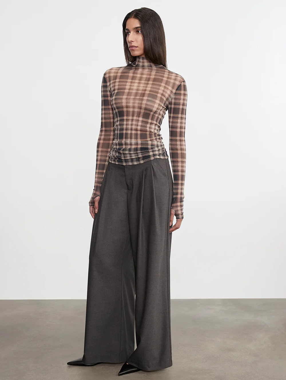 Plaid Mesh Long Sleeve Turtleneck