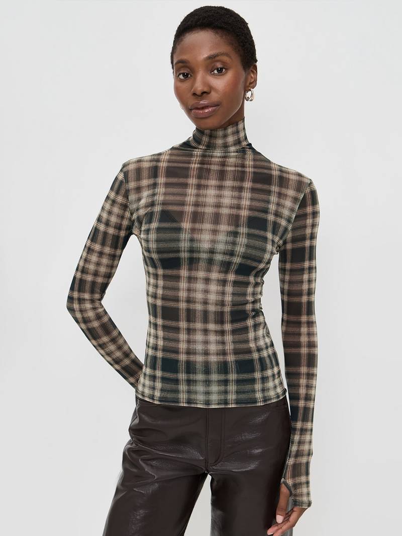 Plaid Mesh Long Sleeve Turtleneck