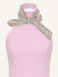 Front view of the Yolanda Gown in lilac by Rebecca Vallance with crystal-embellished bow detail