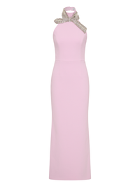 Front view of the Yolanda Gown in lilac by Rebecca Vallance with embellished halter neckline