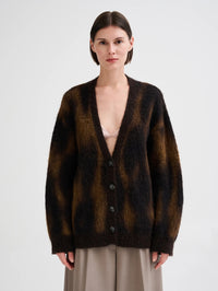 Front view of the Roberto Collina oversized animal jacquard alpaca cardigan in Brown, buttoned