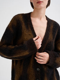 Close up of the deep V neckline and brushed alpaca knit on the Roberto Collina cardigan in Brown