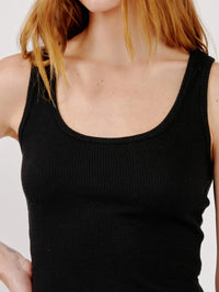 Close-up of the scoop neckline and fine rib on the SABLYN Coco Scoop Neck Tank in Black