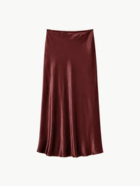 Flat view of the SABLYN Miranda Scallop Trim Bias Cut Silk Skirt in Cabernet
