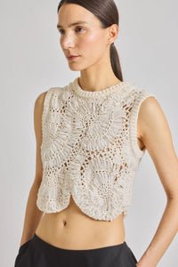 Front view of the Vada Crochet Top in ivory by SAINT ART with intricate shell stitch pattern