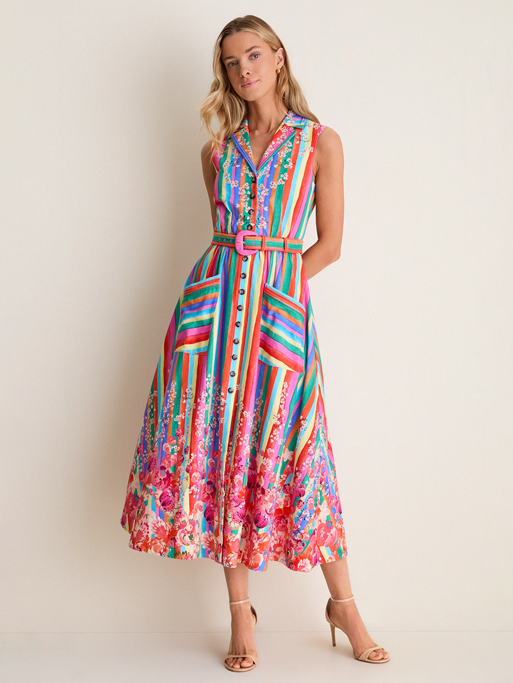 saloni midi dress Kirat Belted in Rainbow Meadow – AMY Atelier Color:Rosegold Minimalist Dressing Table Makeup adorned with leafy branches MD_06.19.26