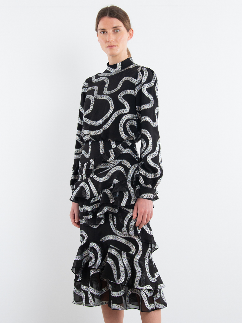 Isa Ruffle Dress in Black Silver