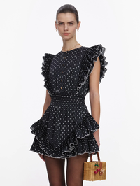 Black Polka Dot Frill Mini Dress by SELF-PORTRAIT - View 4