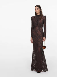 Three-quarter view of the Self-Portrait Brown Sequin Lace Maxi Dress showing the scalloped lace hem.