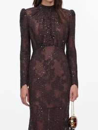 Close-up of the Self-Portrait Brown Sequin Lace Maxi Dress bodice, sleeves and sequinned lace.