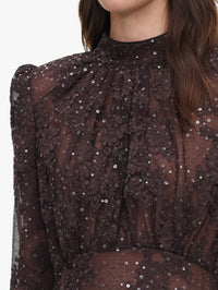 Detail of the gathered high neck and sequin lace on the Self-Portrait Brown Sequin Lace Maxi Dress.