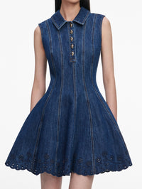 SELF-PORTRAIT Denim Broderie Mini Dress in Blue in Blue – Image 3