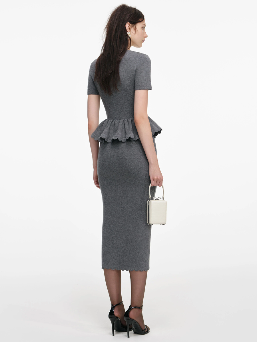 self-portrait - Grey Peplum Knit Midi Dress - L self-portrait - Grey Peplum Knit Midi Dress - L
