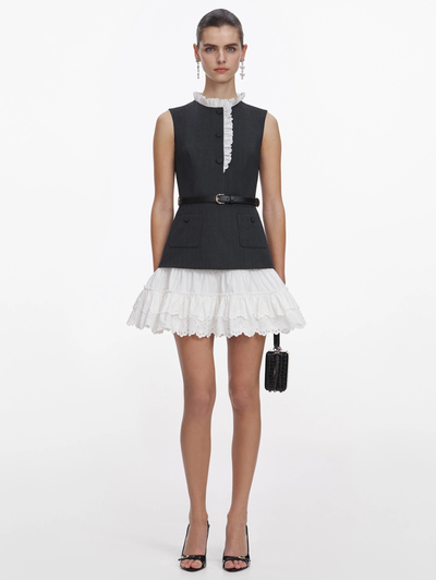 Grey Tailored Cotton Frill Mini Dress