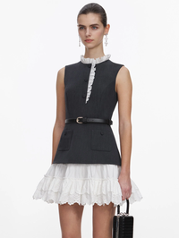 Grey Tailored Cotton Frill Mini Dress by SELF-PORTRAIT - View 4