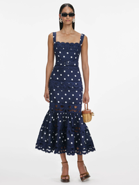 Navy Polka Dot Linen Midi Dress by SELF-PORTRAIT-NAVY-AMY Atelier