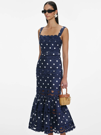Navy Polka Dot Linen Midi Dress by SELF-PORTRAIT - View 3
