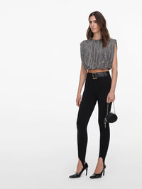 Three-quarter view of the Self-Portrait Silver Rhinestone Drape Top showing the draped sleeveless shape.