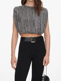 Close-up of the Self-Portrait Silver Rhinestone Drape Top showing the gathered hem.