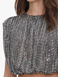 Detail of the rhinestone embellishment and round neckline on the Self-Portrait Silver Rhinestone Drape Top.