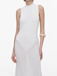 Close-up of the high neck and sheer knit on the Self-Portrait White Racer Back Feather Knit Midi Dress.