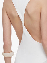 Detail of the twisted racer back on the Self-Portrait White Racer Back Feather Knit Midi Dress.