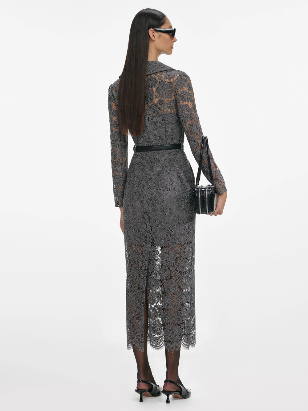 Grey Floral Lace Midi Dress