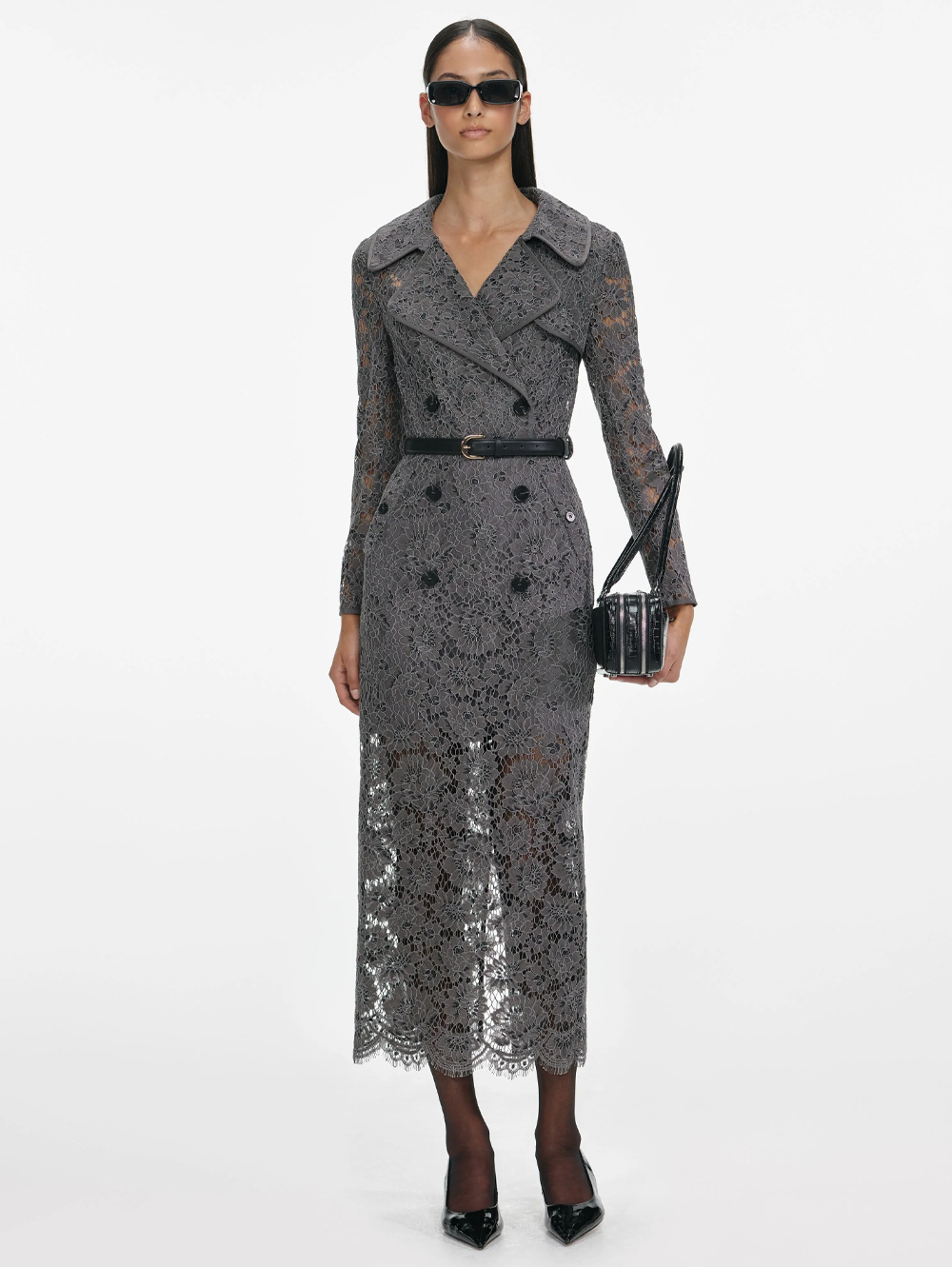 Grey Floral Lace Midi Dress