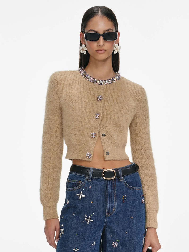 Brown Embellished Trim Cardigan