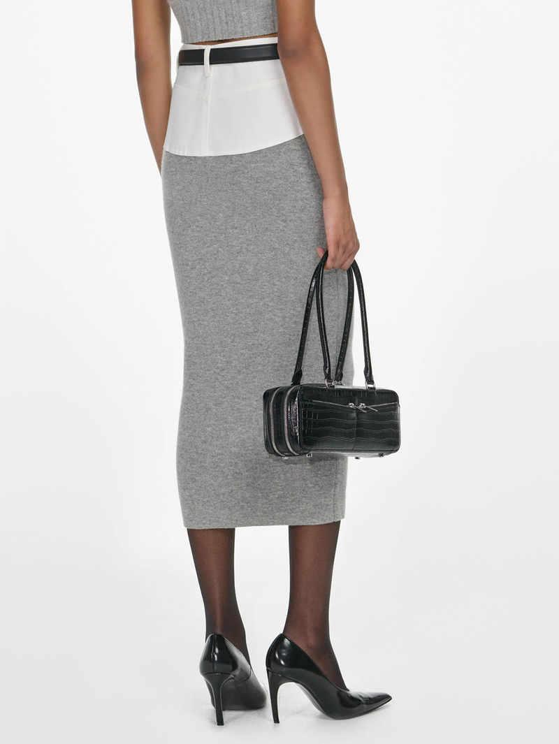 Grey Knit Denim Insert Midi Skirt