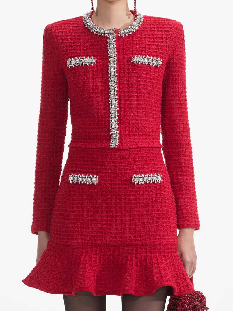 Red Textured Knit Mini Skirt