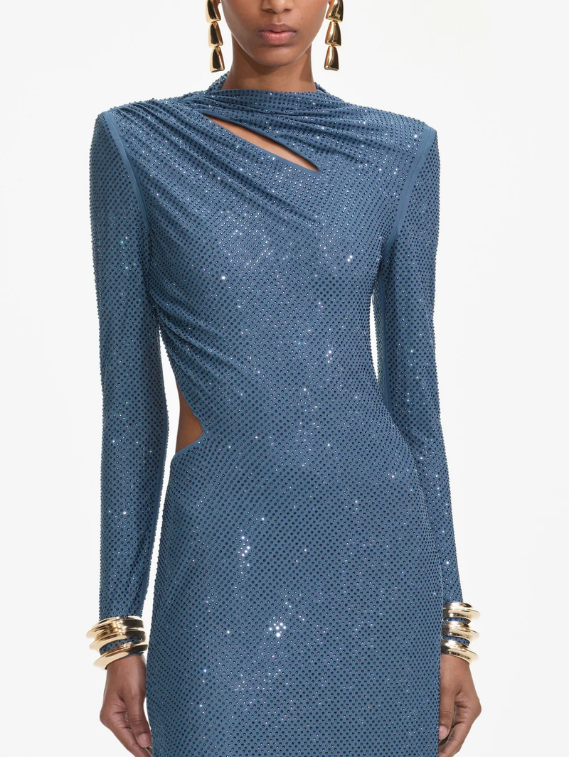 Blue Rhinestone Gathered Maxi Dress