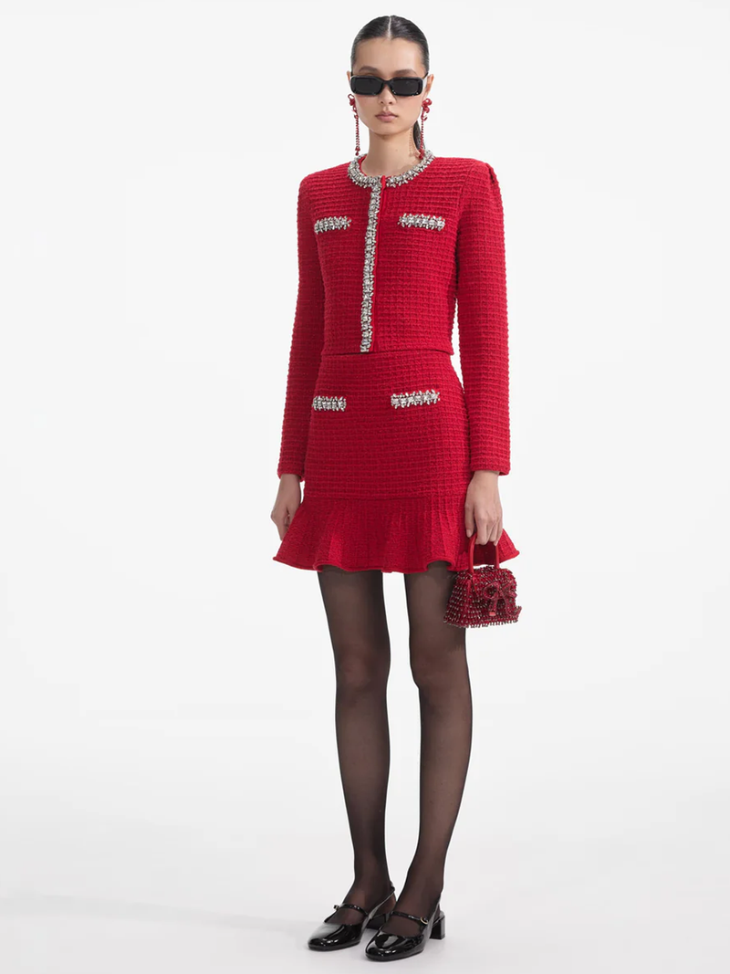 Red Textured Knit Mini Skirt