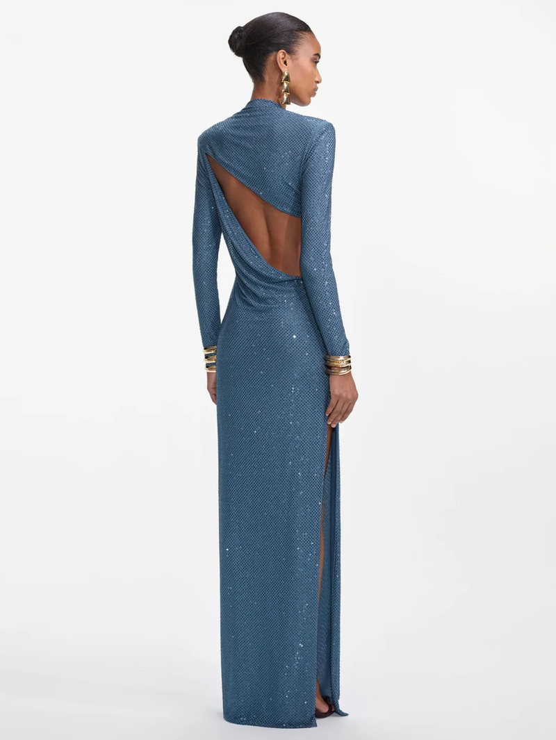 Blue Rhinestone Gathered Maxi Dress