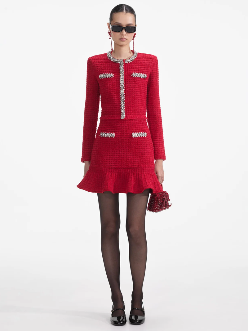 Red Textured Knit Mini Skirt