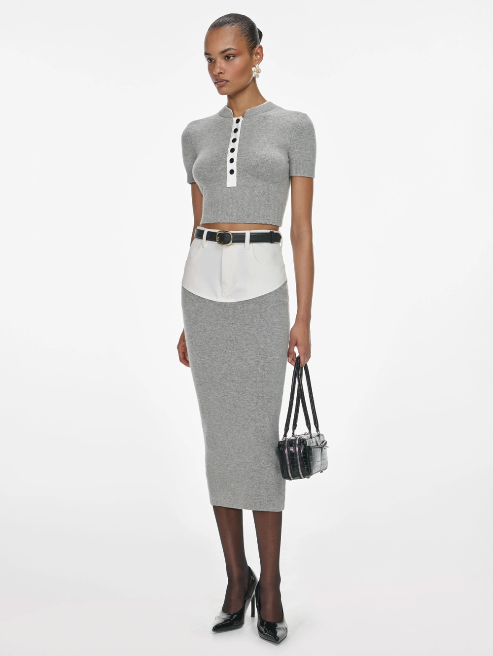 Grey Knit Denim Insert Midi Skirt