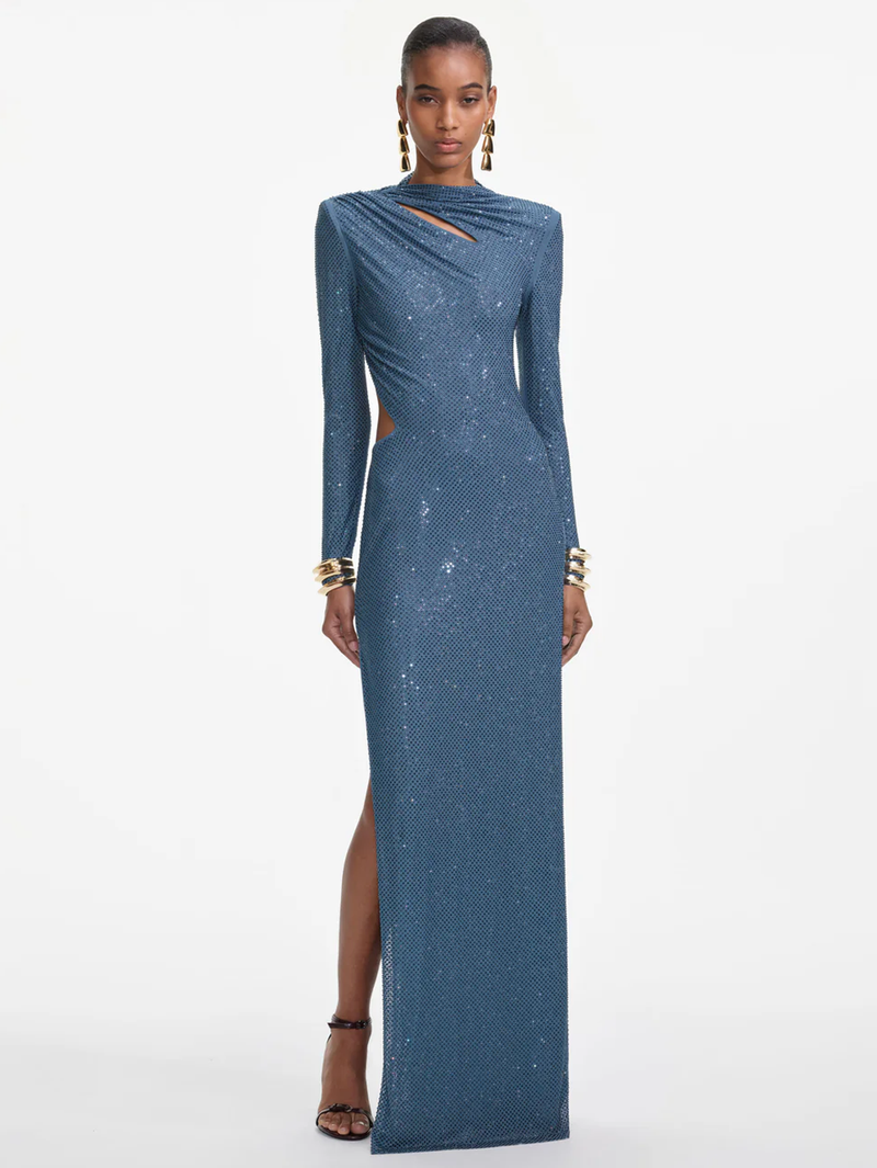 Blue Rhinestone Gathered Maxi Dress