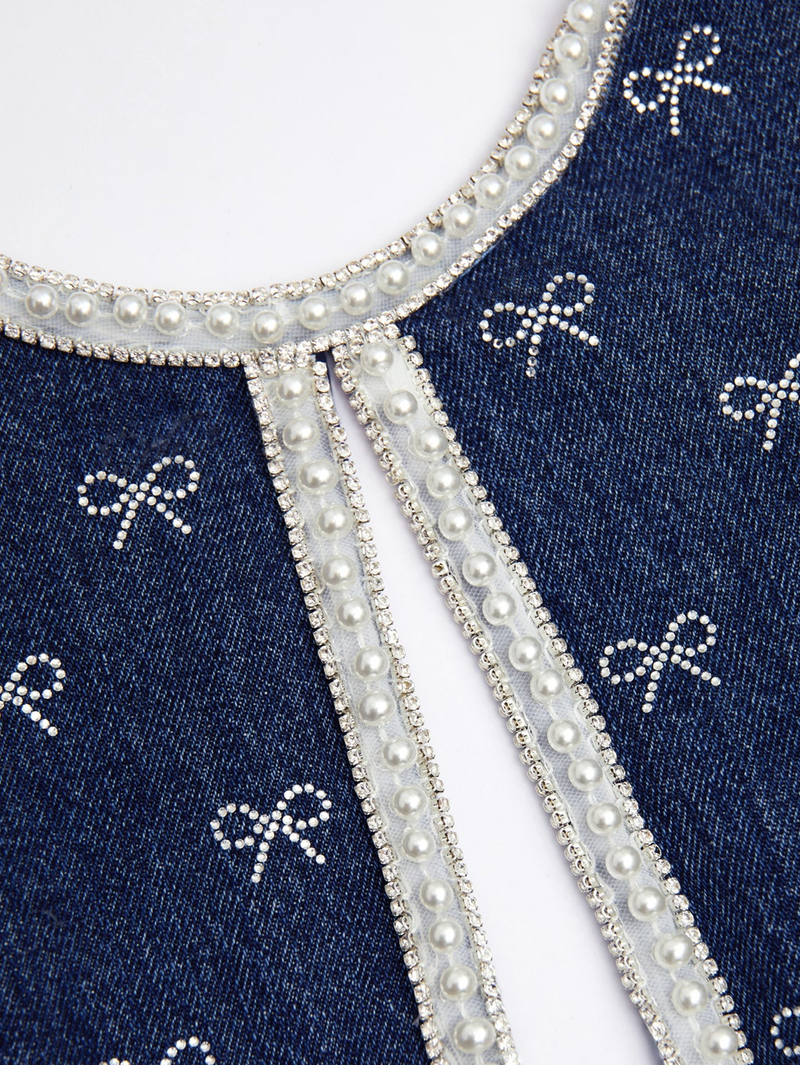 Denim Diamante Bow Mini Dress