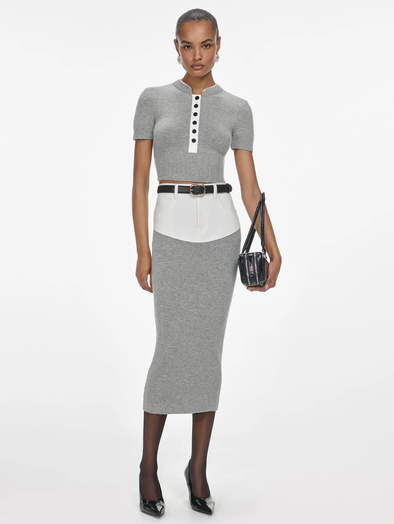 Grey Knit Denim Insert Midi Skirt