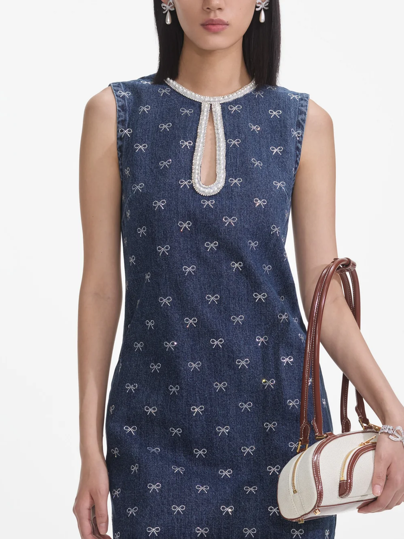 Denim Diamante Bow Mini Dress