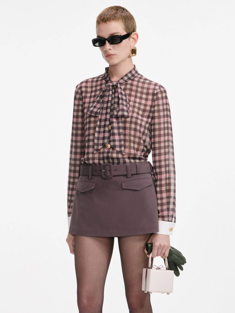 Brown Check Chiffon Blouse