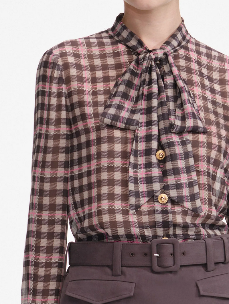 Brown Check Chiffon Blouse