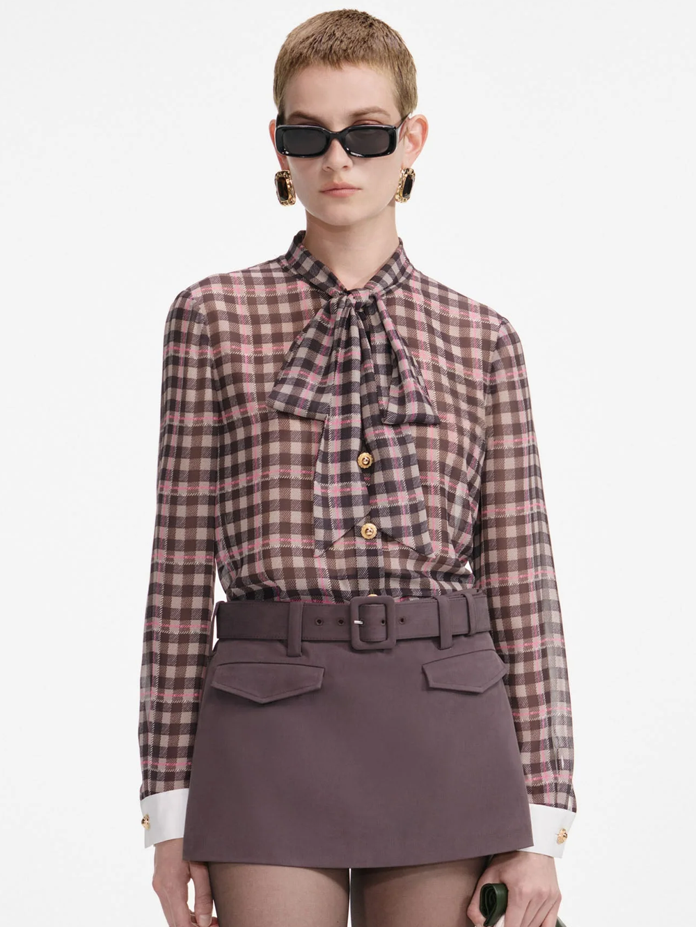Brown Check Chiffon Blouse