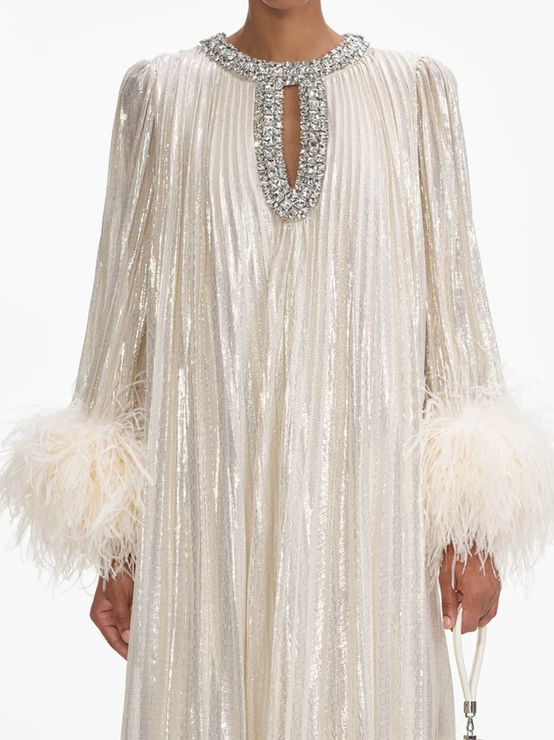 Gold Metallic Feather Maxi Dress