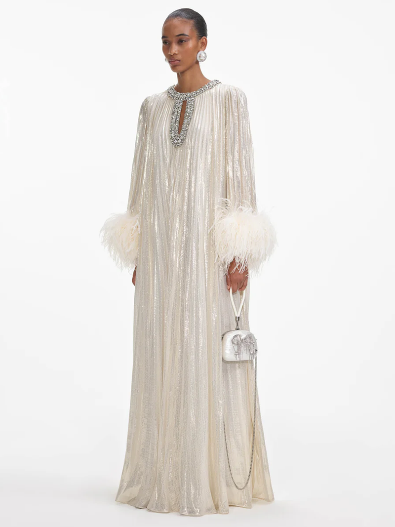 Gold Metallic Feather Maxi Dress